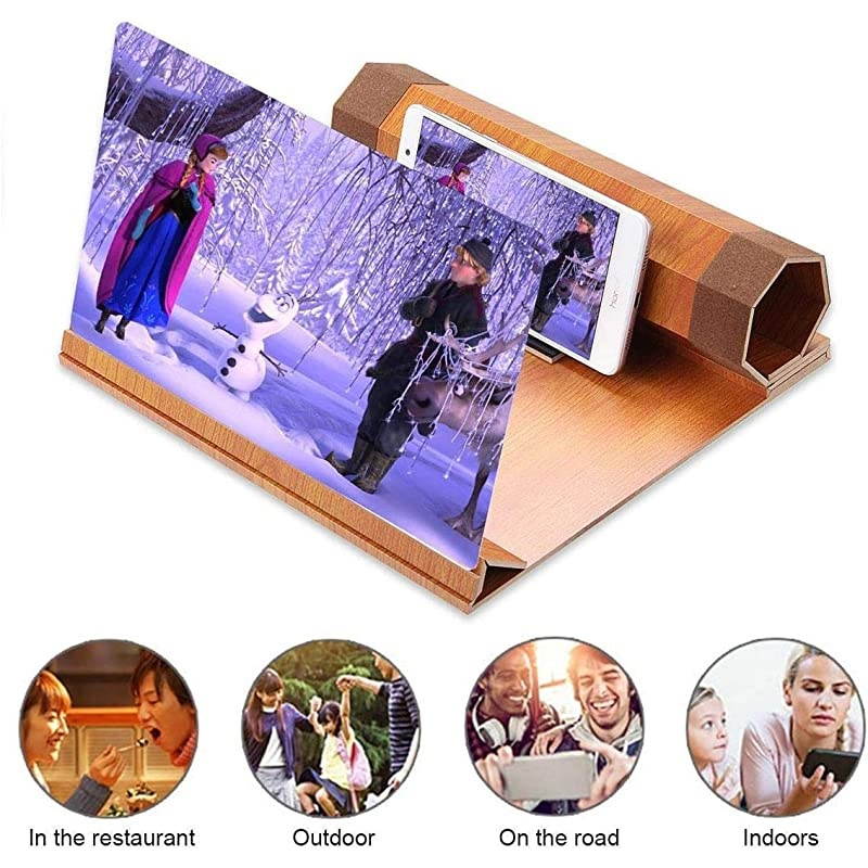 Screen Magnifier 12 inch Foldable Smart Phone Screen Amplifier Projector Movie Video Enlarger Wooden Phone Holder Stand with 3D Screen Magnifying Amplifying Glass for All Smart Phone Model