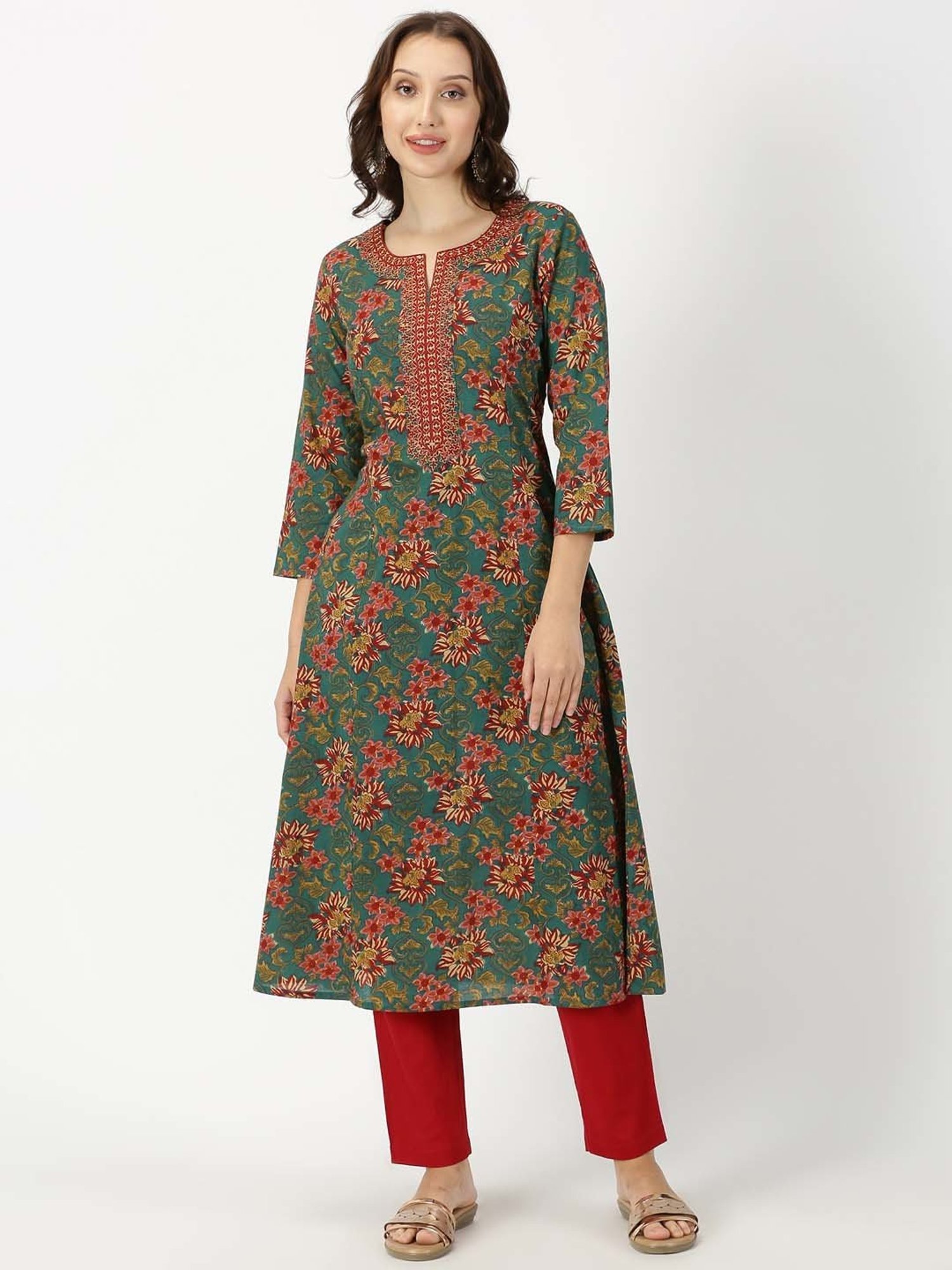 Saffron Threads Green Floral Print A Line Kurta