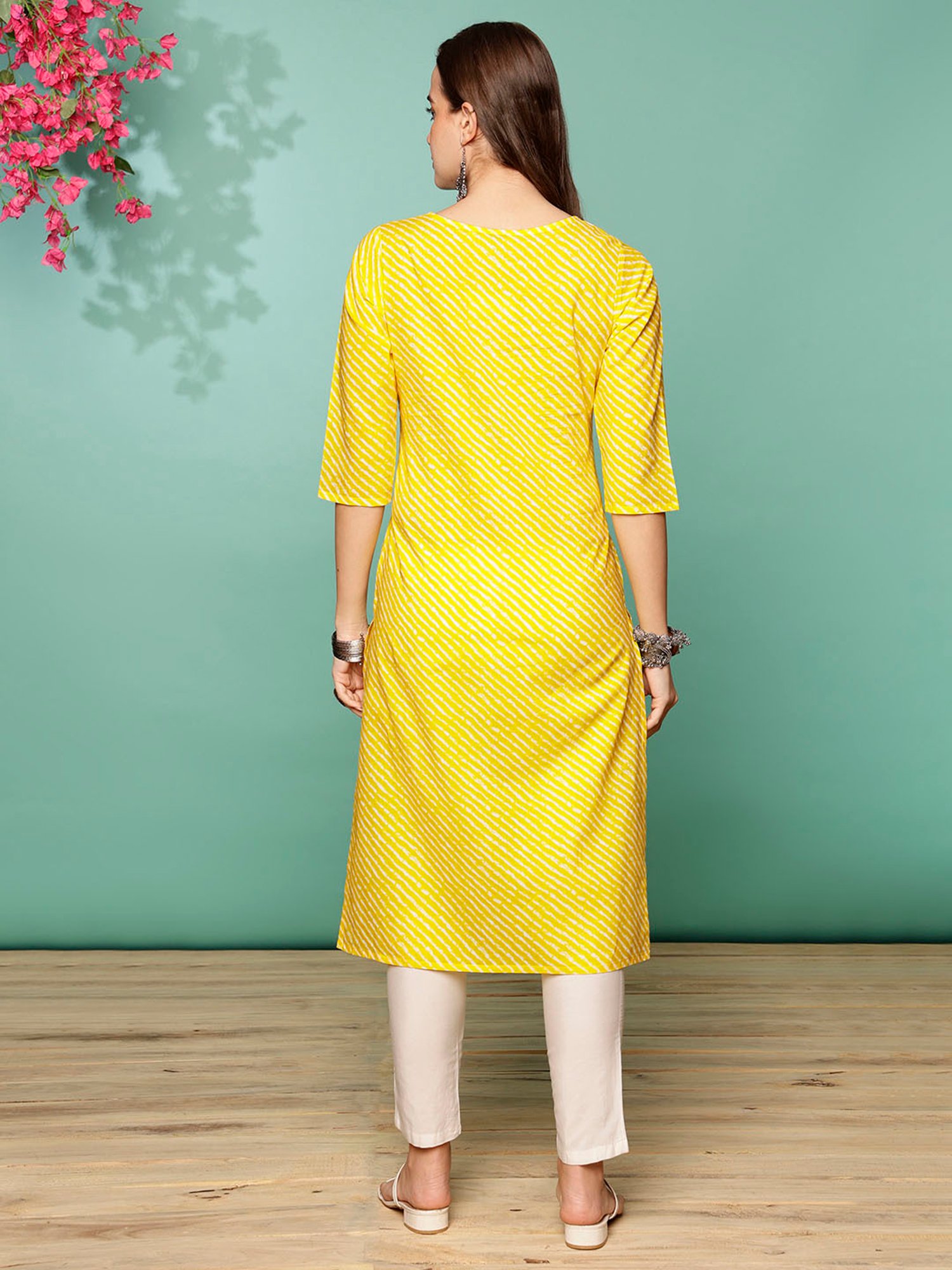 Rangita Yellow & White Cotton Striped Kurta Pant Set