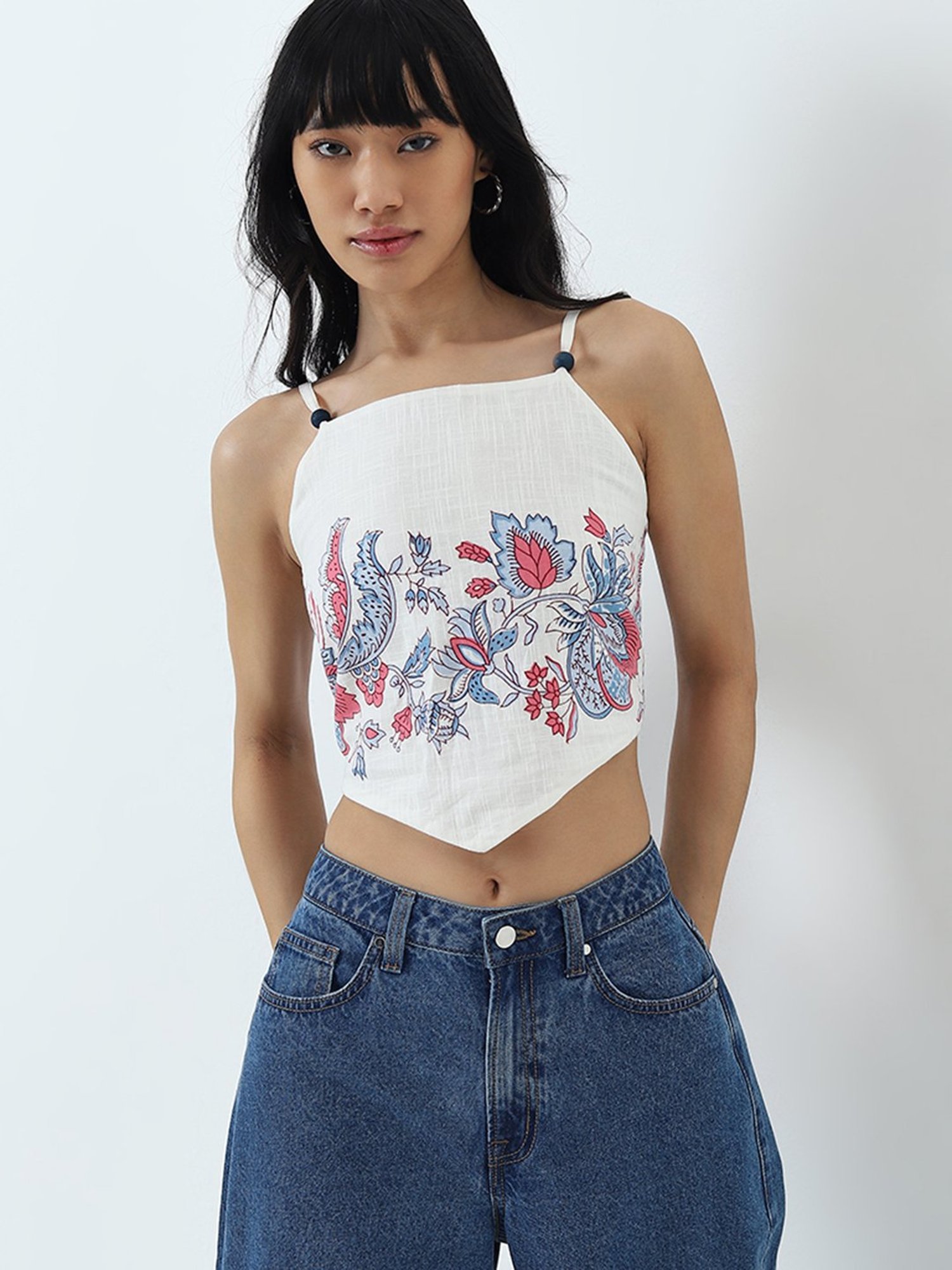 Bombay Paisley by Westside White Floral Printed Crop Cotton Top