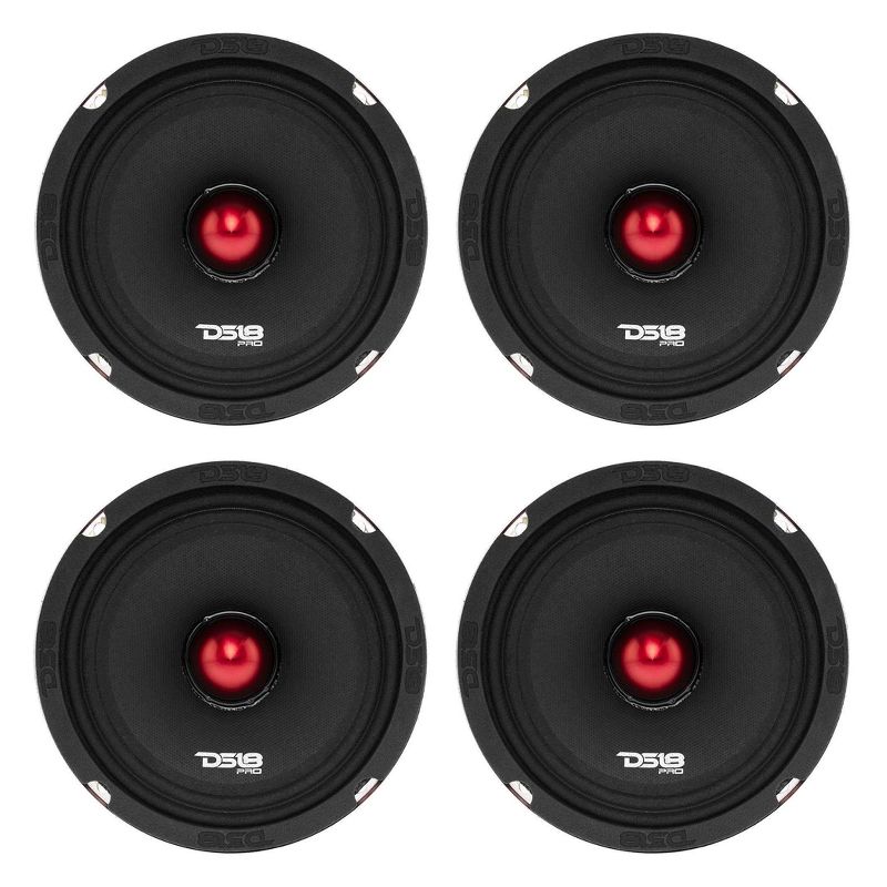 DS18 PRO-X6.4BM Pro X 6.5 Inch 500 Watt 250 RMS 8 Ohm Mid Range Car and Truck Door Loudspeaker with Black Steel Basket Bullet Design (4 Pack)