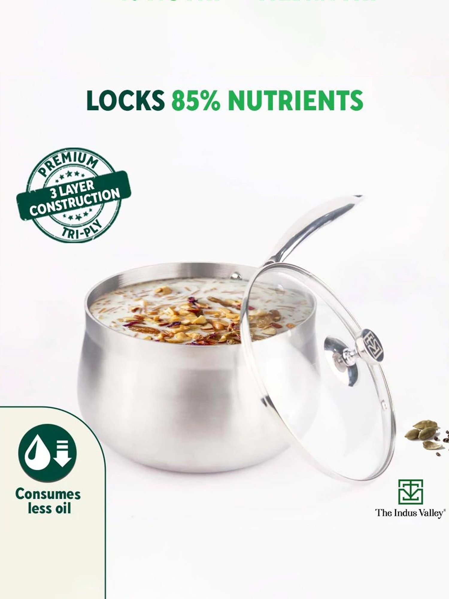 The Indus Valley Silver Stainless Steel Sauce Pan with Glass Lid (Dia:16cm, 1.5L)