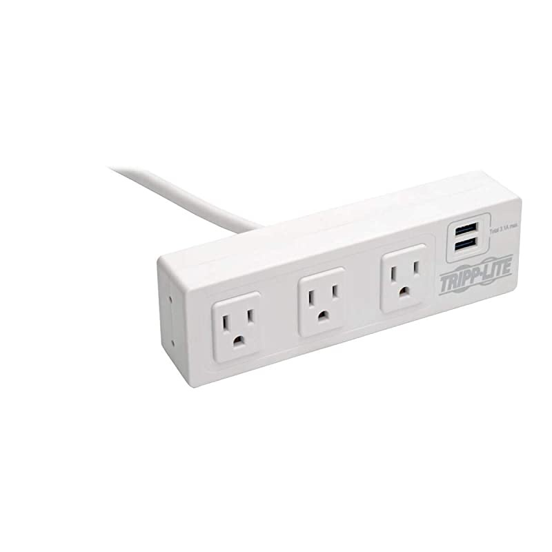 Lite Surge Protector Power Strip 3Outlet with 2Port USB Charging Ports Desk Clamp White 510 Joules TLP310USBCW