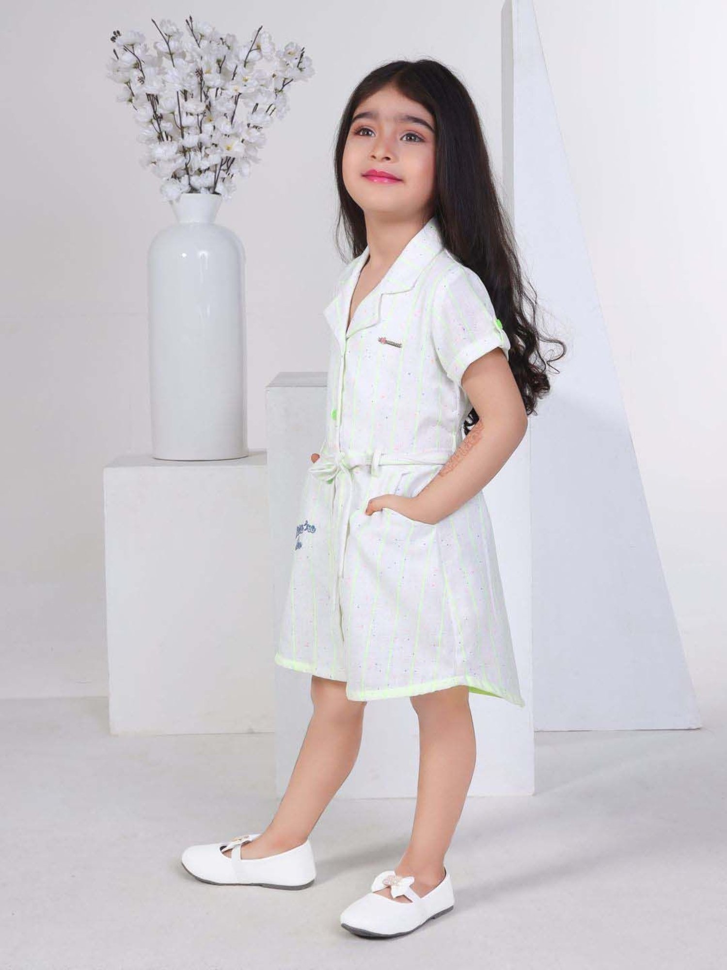 Peppermint Girls Green Cotton Striped Dress