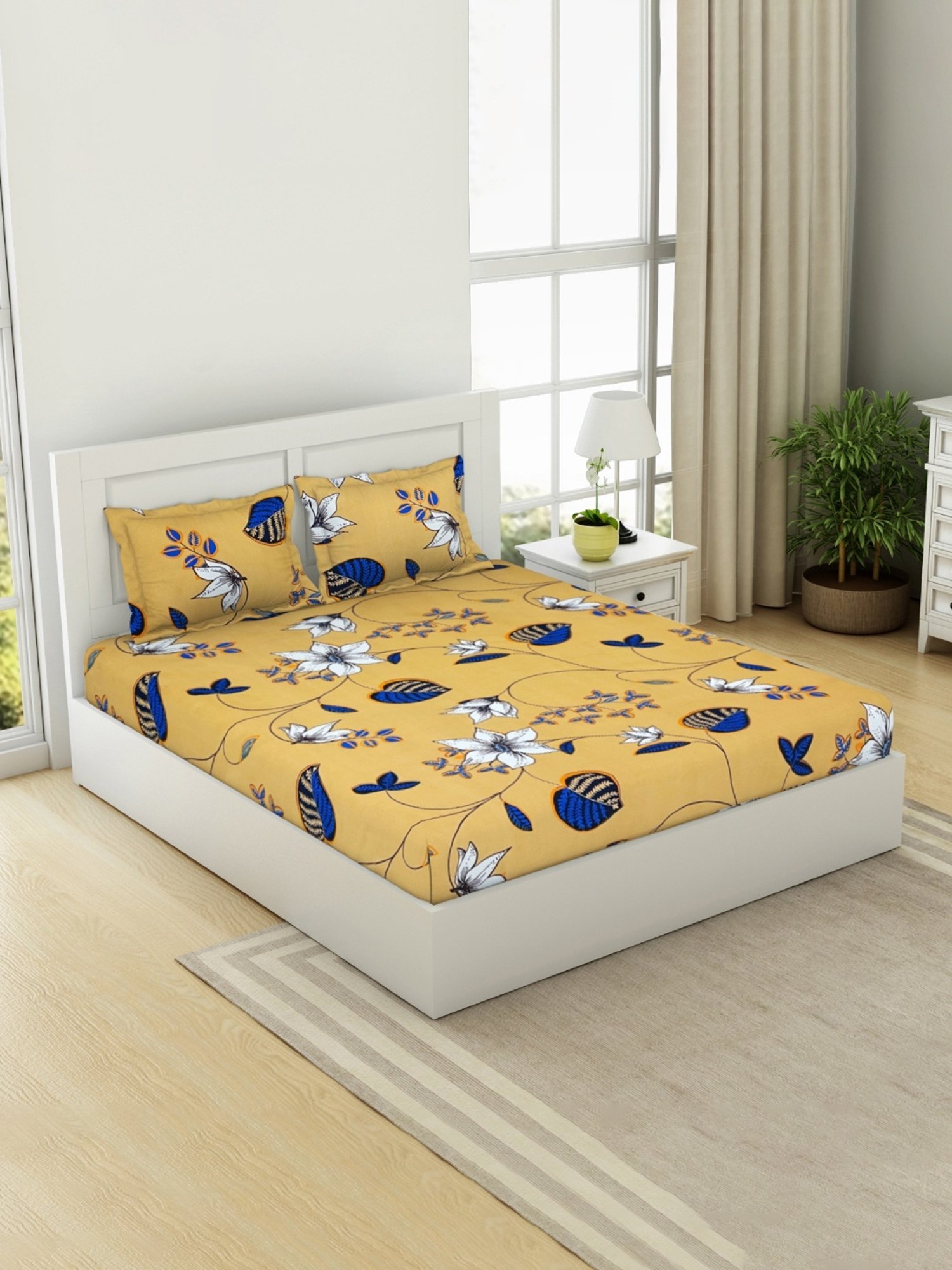 Welspun Printed Yellow Microfiber Double Bedsheet with 2 Pillow Covers