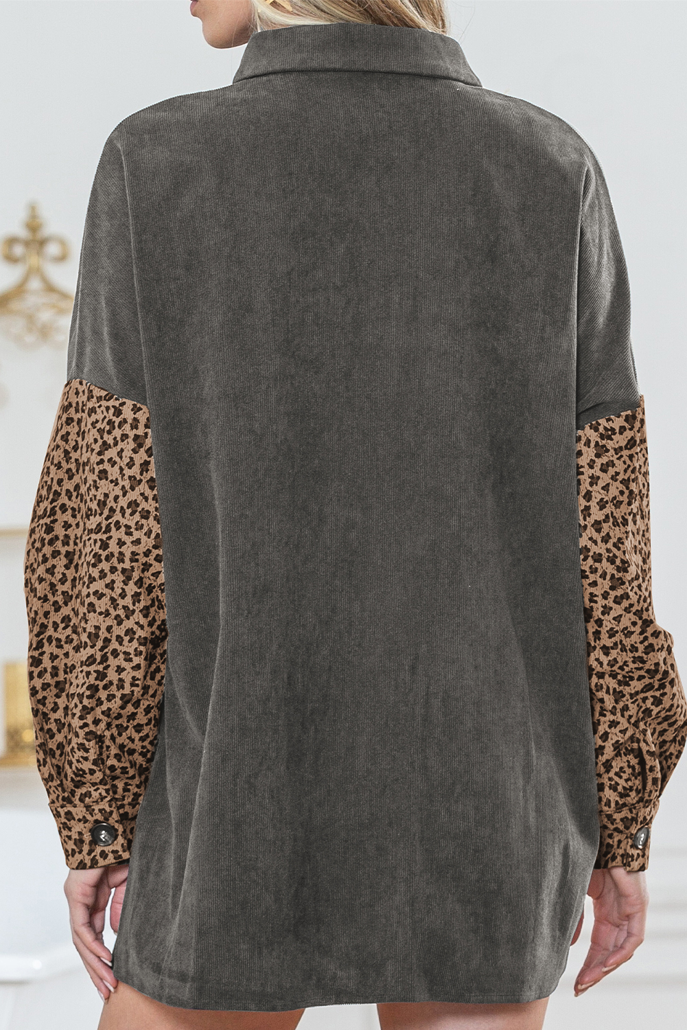 Gray Color Block Leopard Patchwork Casual Corduroy Shacket