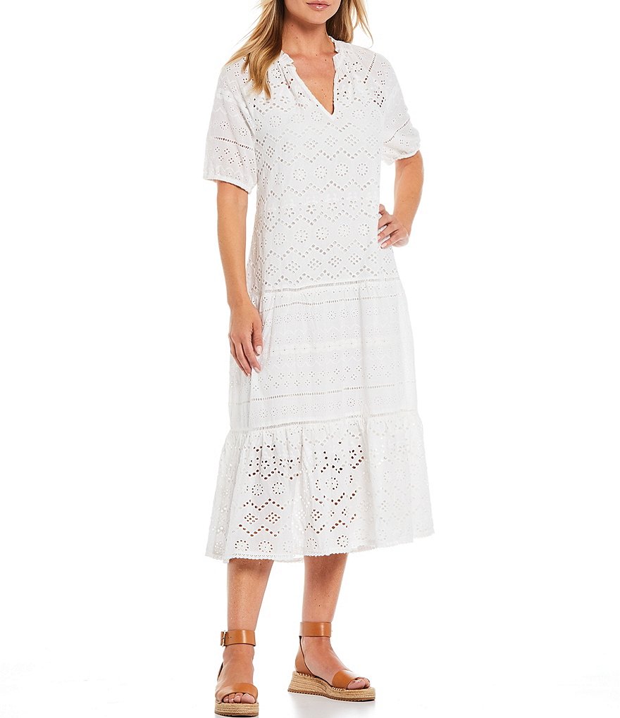 Reba Mixed Embroidered Eyelet Bohemian Volume V-Neck Puff Sleeve Dress