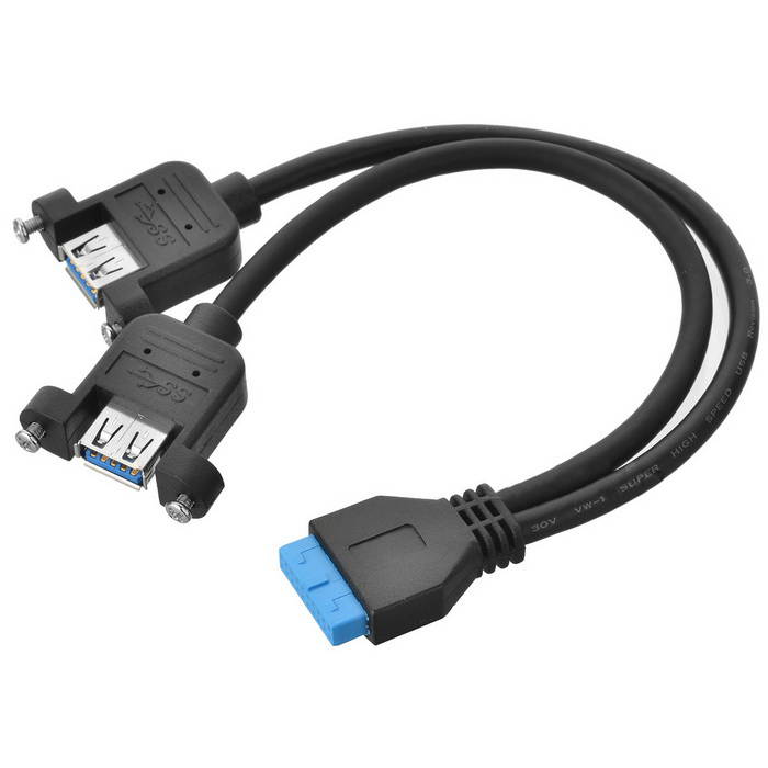 CY USB 3.0 Dual Ports A Female Screw Mount Type to Motherboard 20pin Header cable Black U3-162-BK