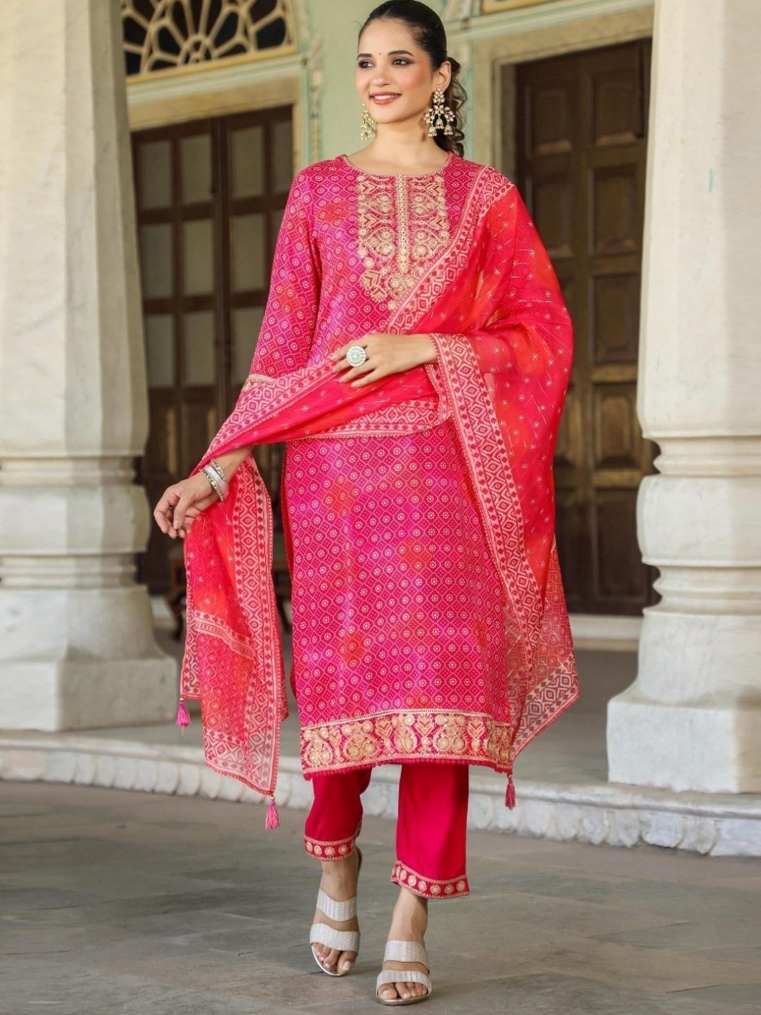 Scakhi Pink German Rayon Bandhani Print Kurta with Palazzo and Dupatta With Potli