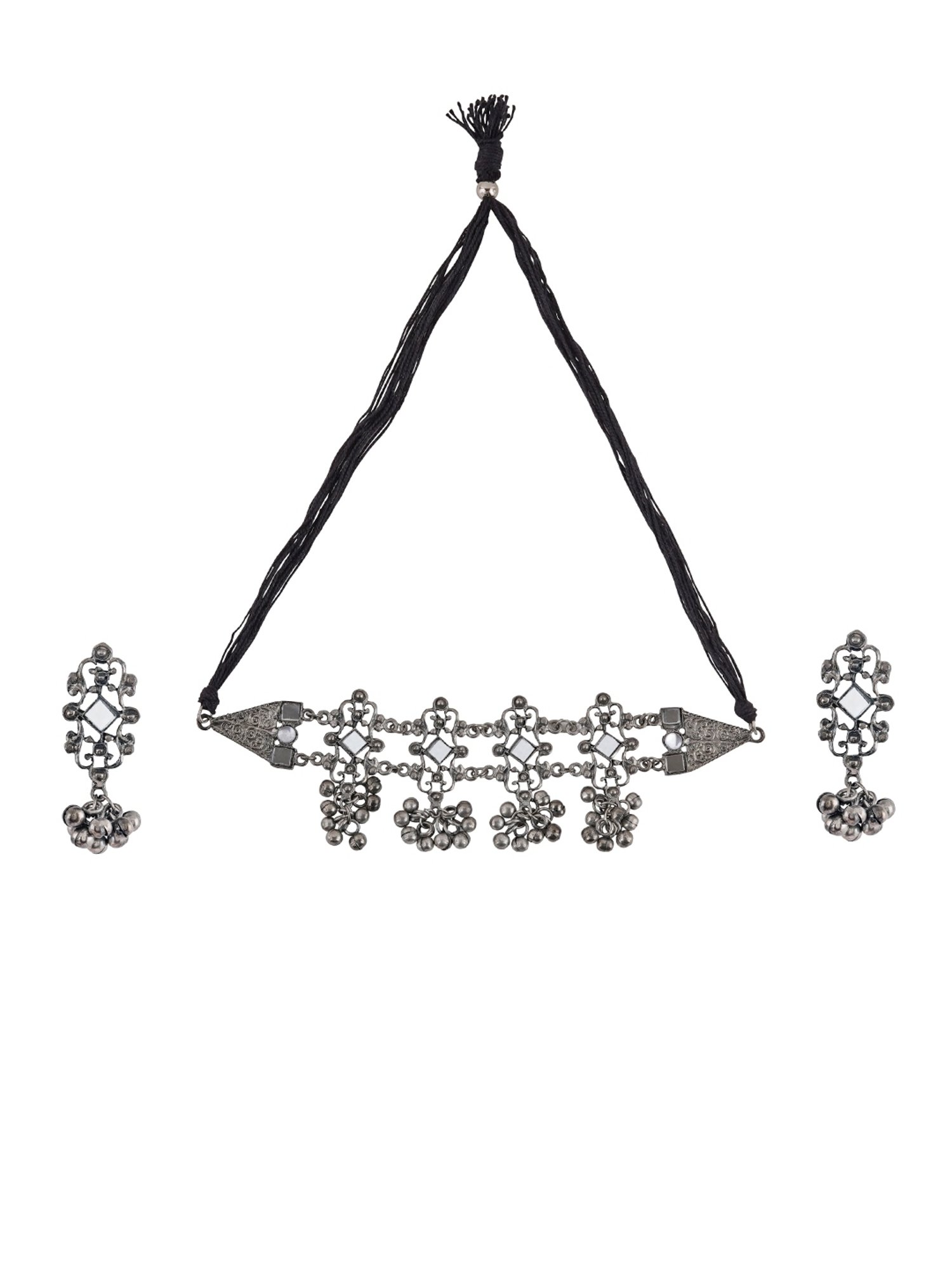 Teejh Ethnic Gangol Ghungroo Silver Oxidized Necklace Set for Women