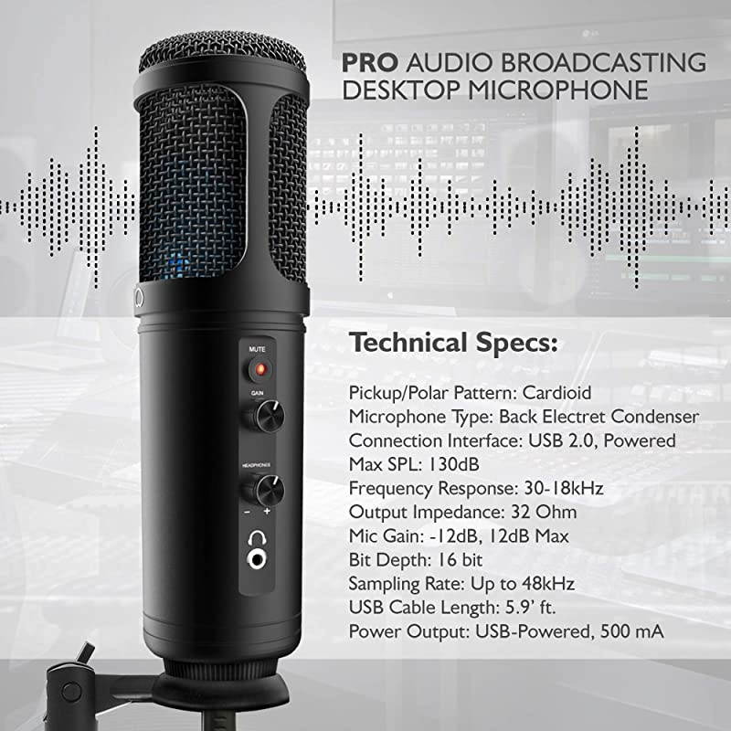 USB PC Recording Condenser Microphone Blue LED Adjustable Gain Headphone Jack Mute Control Tripod Stand Portable Pro Audio Condenser Desk Mic for Podcast Streaming Gaming  PDMIUSB50