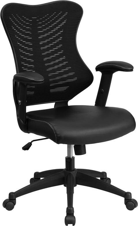 High Back Designer Black Mesh Executive Swivel Ergonomic Office Chair with LeatherSoft Seat and Adjustable Arms