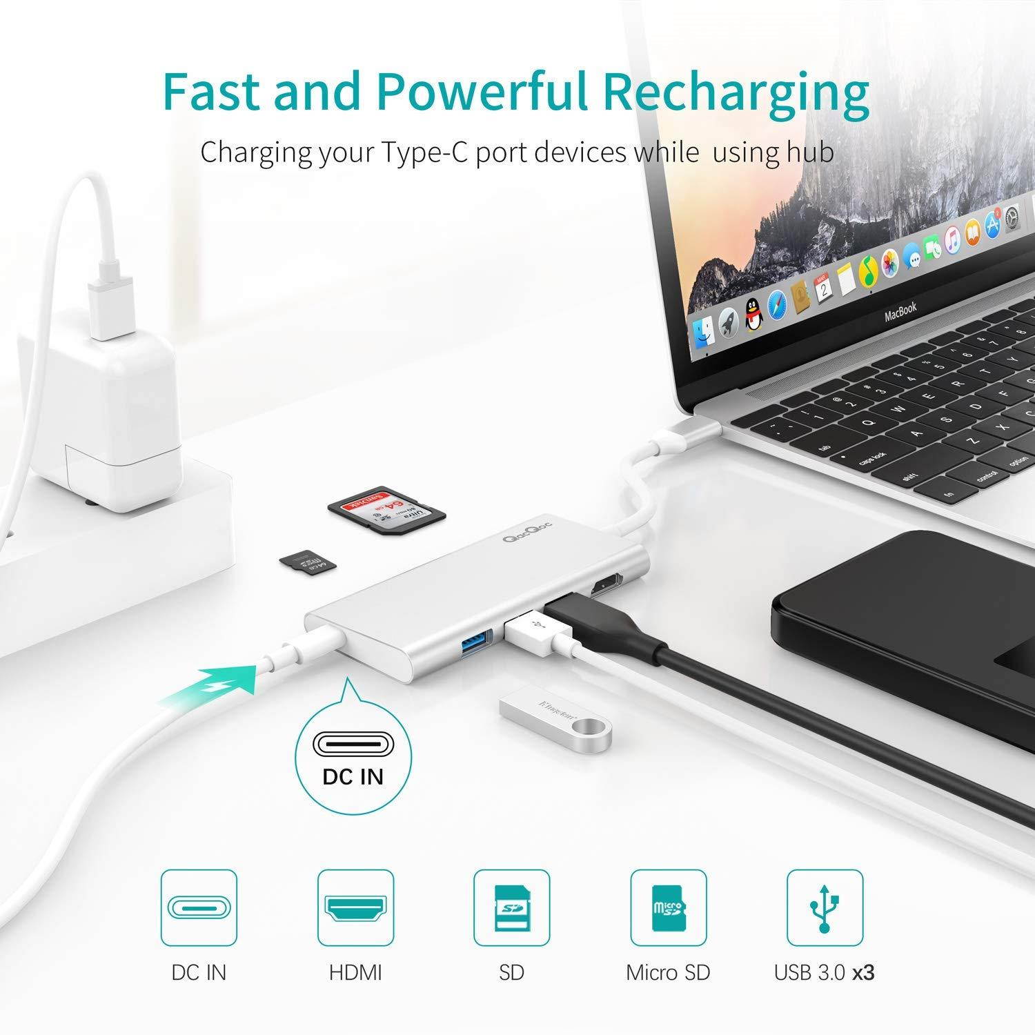 USB C Hub QacQoc 7-in-1 Type C Hub with PD Power Delivery, 4K USB C to HDMI, SD Card Reader, 3 USB 3.0 Ports for MacBook Pro and Type C Windows Laptops(Silver)