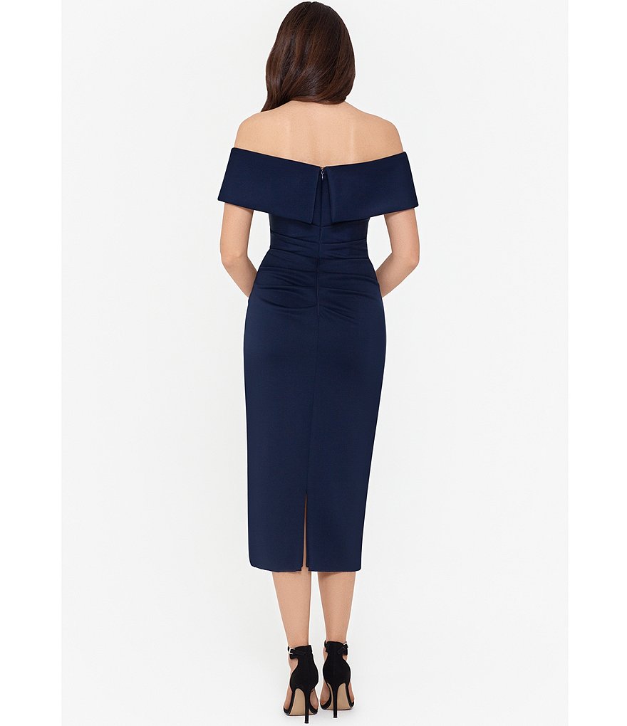 Xscape Off-the-Shoulder Scuba Crepe Ruffle Front Sheath Dress