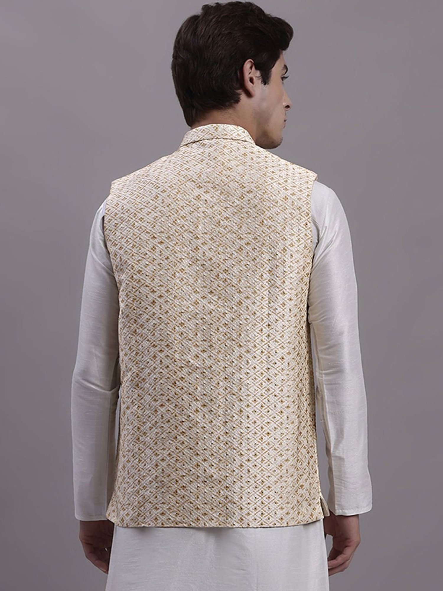 Jompers Cream Regular Fit Self Pattern Nehru Jacket