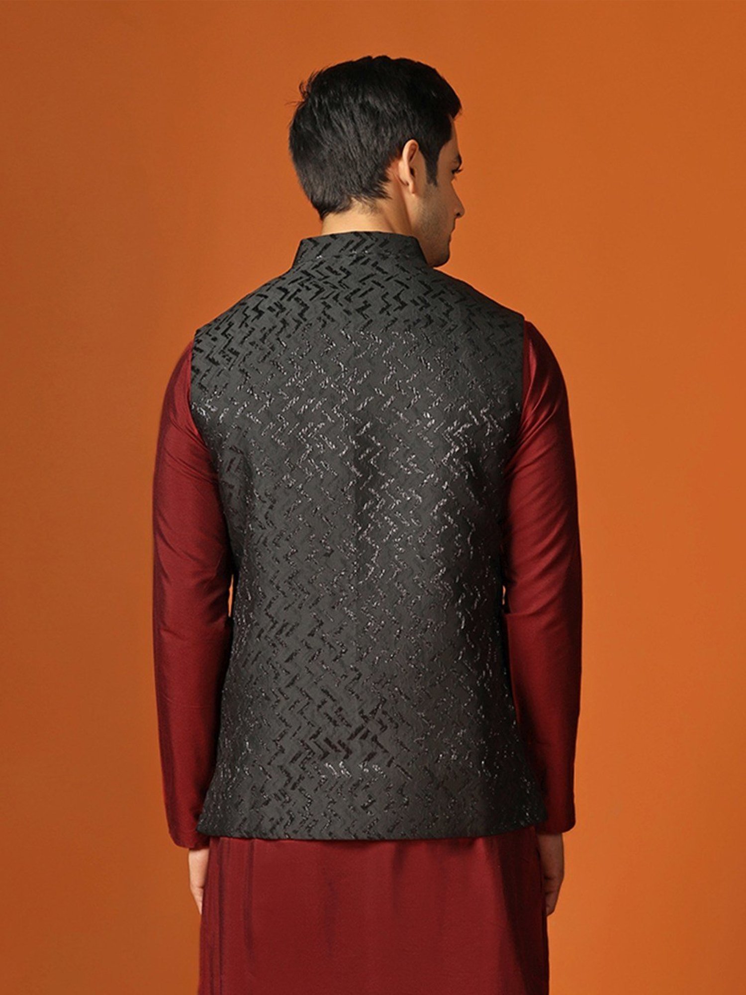 KISAH Black Regular Fit Self Pattern Nehru Jacket