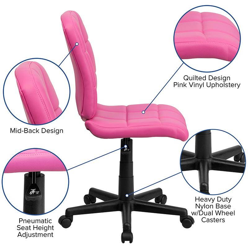 Mid-Back Pink Quilted Vinyl Swivel Task Chair