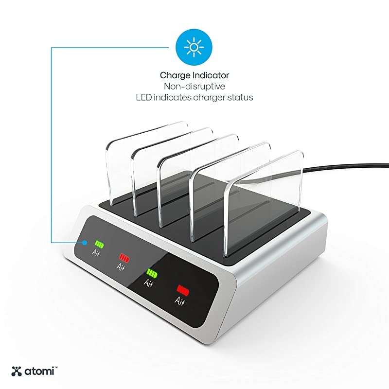 Charge Station Signal USB Desktop Charging Station Visual LED Indicators Device Dividers 4 USB Ports Silver