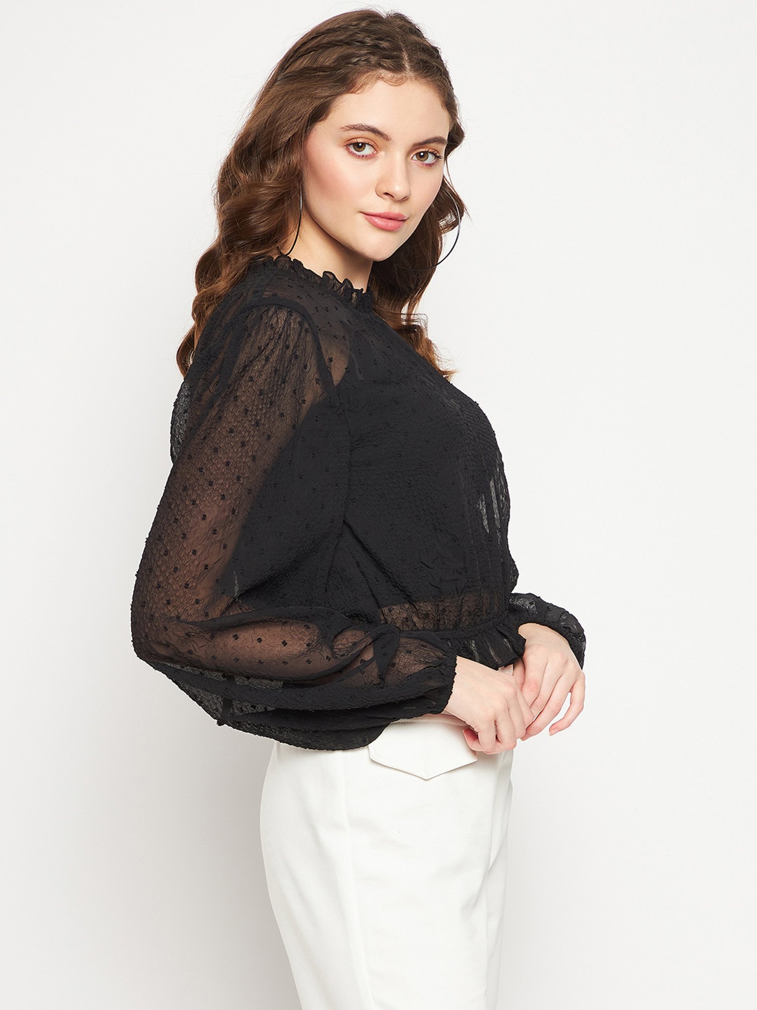 MADAME Black Self Design Crop Top