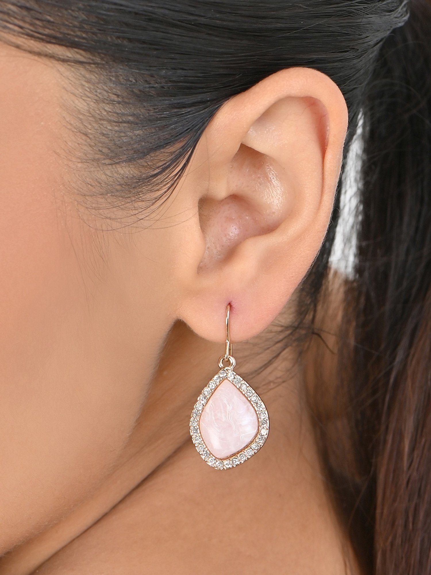 Toniq Gold-Plated Asymetric Pink Stone Drop Earring