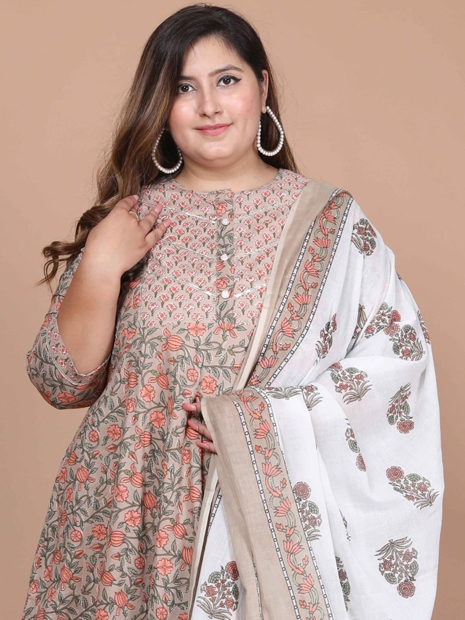 Miravan Beige Cotton Floral Print A Line Kurta With Dupatta