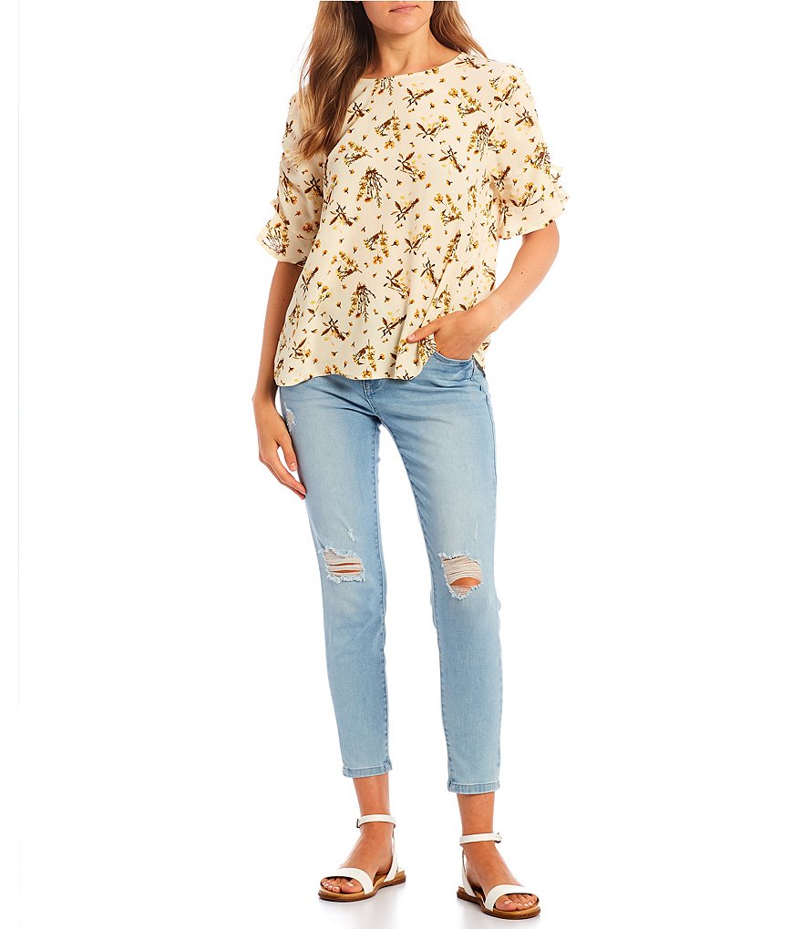 June & Hudson Floral Ruched Sleeve Top