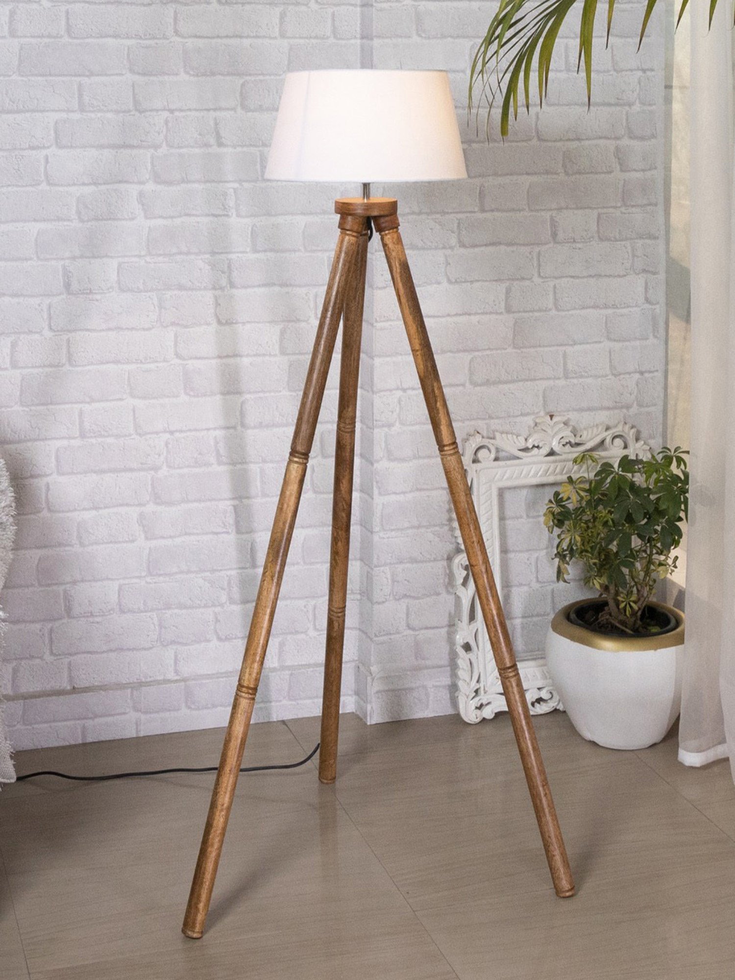 Homesake 'Tripod' White & Brown Wood Tall Floor Lamp With Shade & Bulb - Set of 1