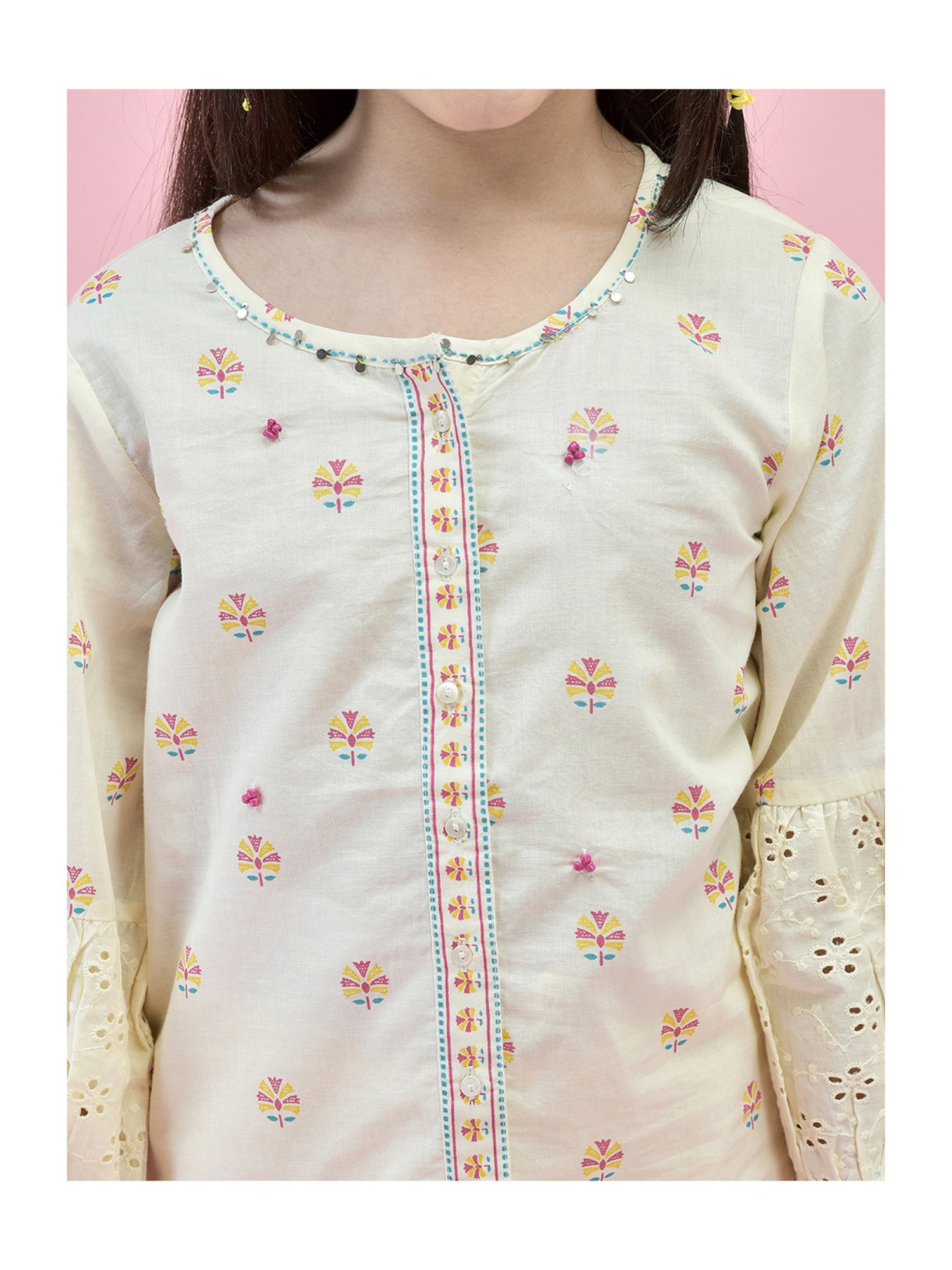 Juniper Girls White Printed Full Sleeves Kurta With Pants
