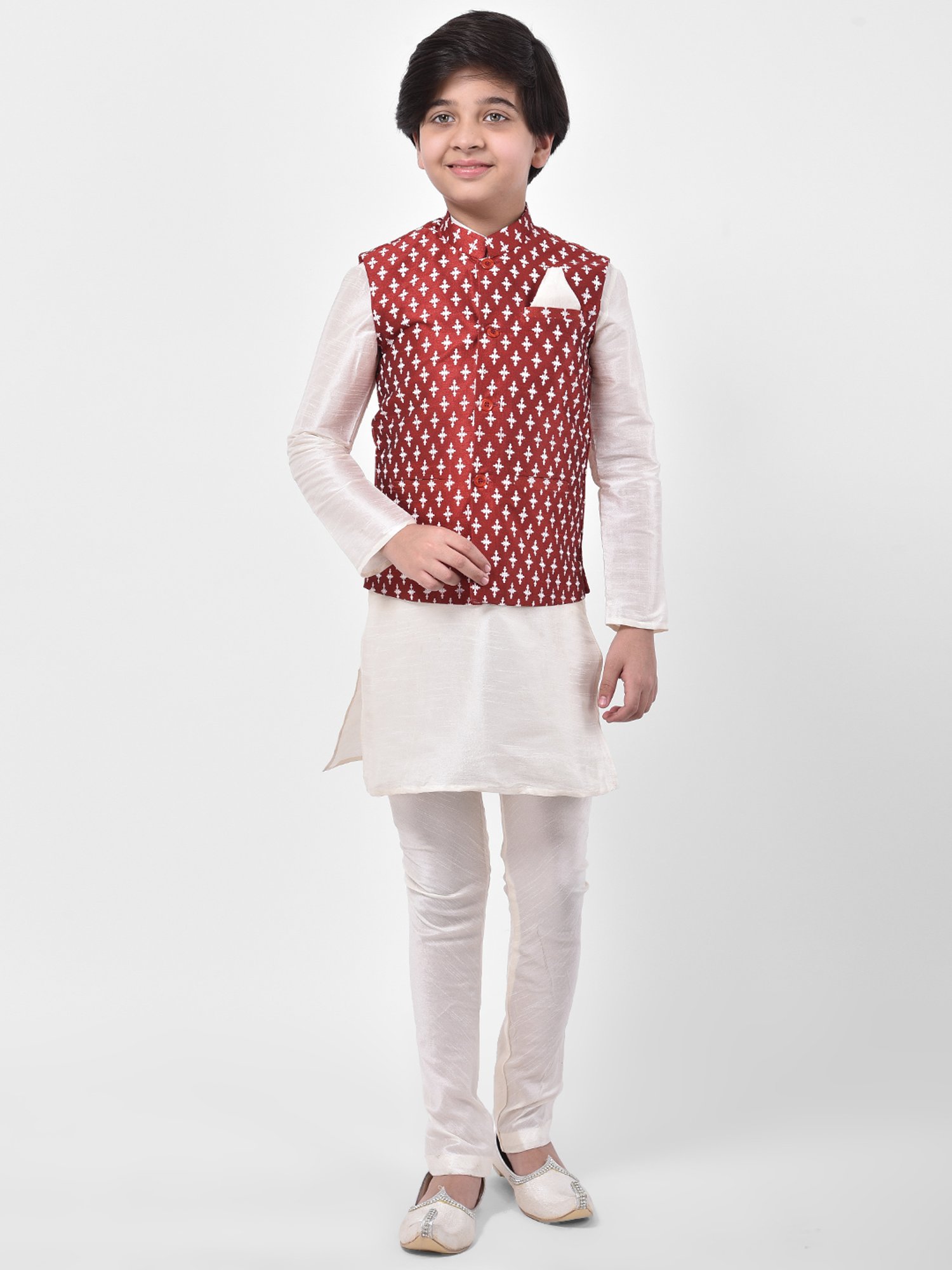 Deyann Kids Off White & Red Printed Full Sleeves Kurta, Churidar Pants with Nehru Jacket
