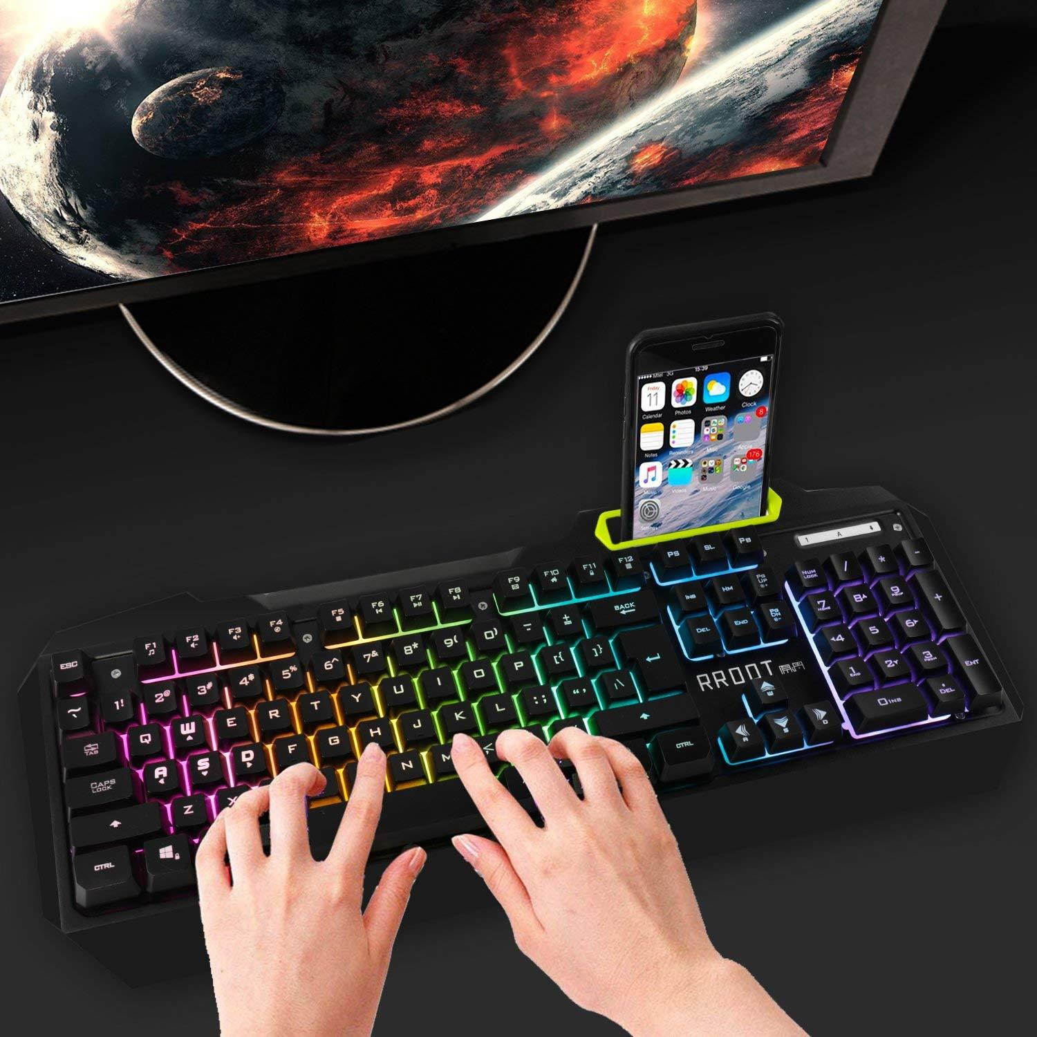 Gaming Keyboard, Anti-Ghosting Multimedia RGB LED Backlit (with Voice Control), 104 Key USB Wired Spill-Resistant Aluminum Alloy Metal Panel for Gaming and Typing by Lumsburry RROOT (Cool Black)