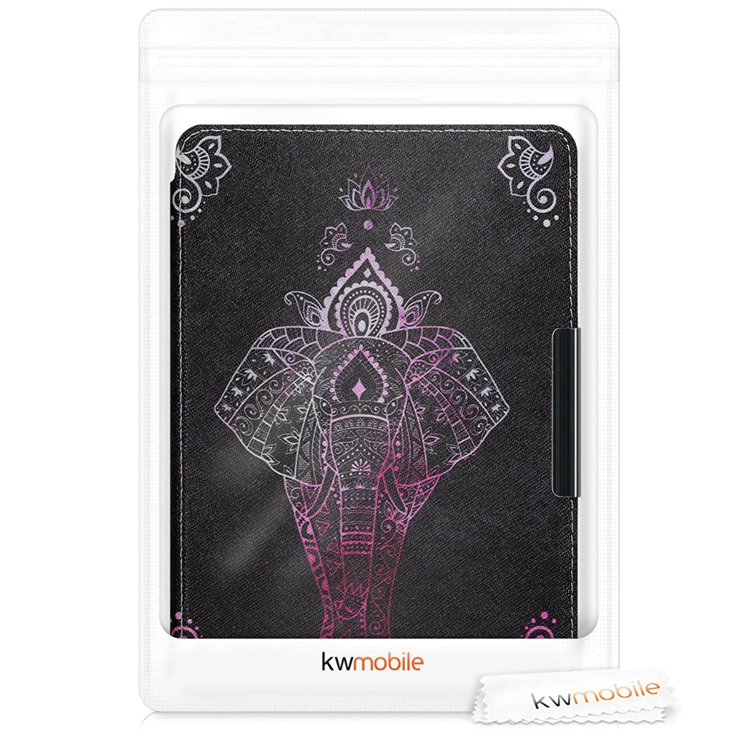 kwmobile Case Compatible with Amazon Kindle Paperwhite (10. Gen - 2018) - Book Style PU Leather e-Reader Cover - Elephant Sketch Dark Pink/Anthracite