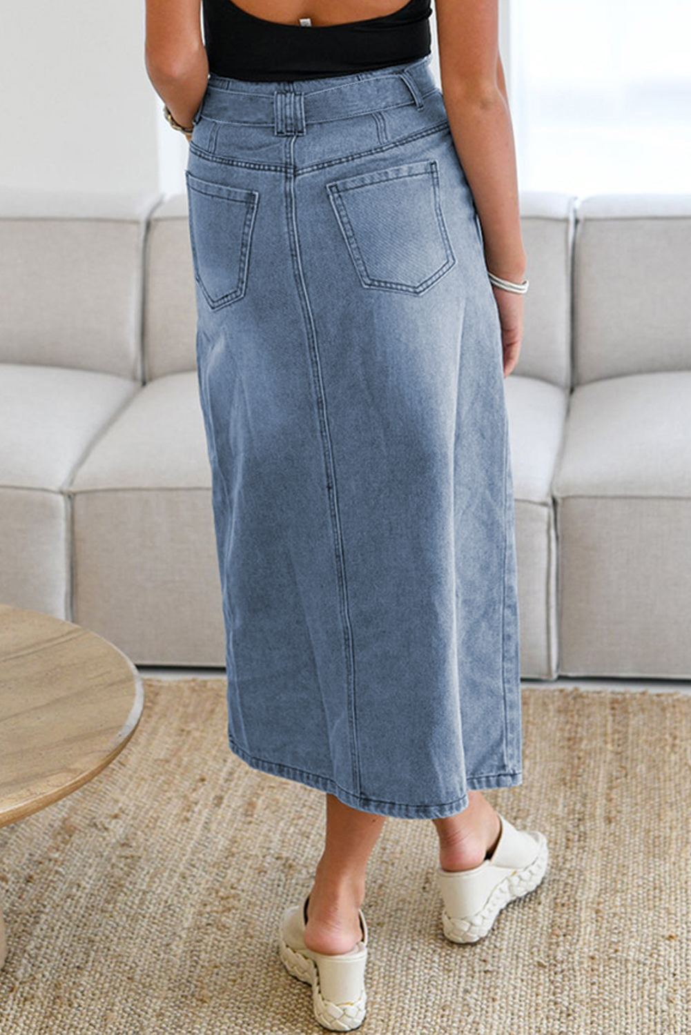 Dusk Blue Light Washed Belted High Waist Denim Skirt