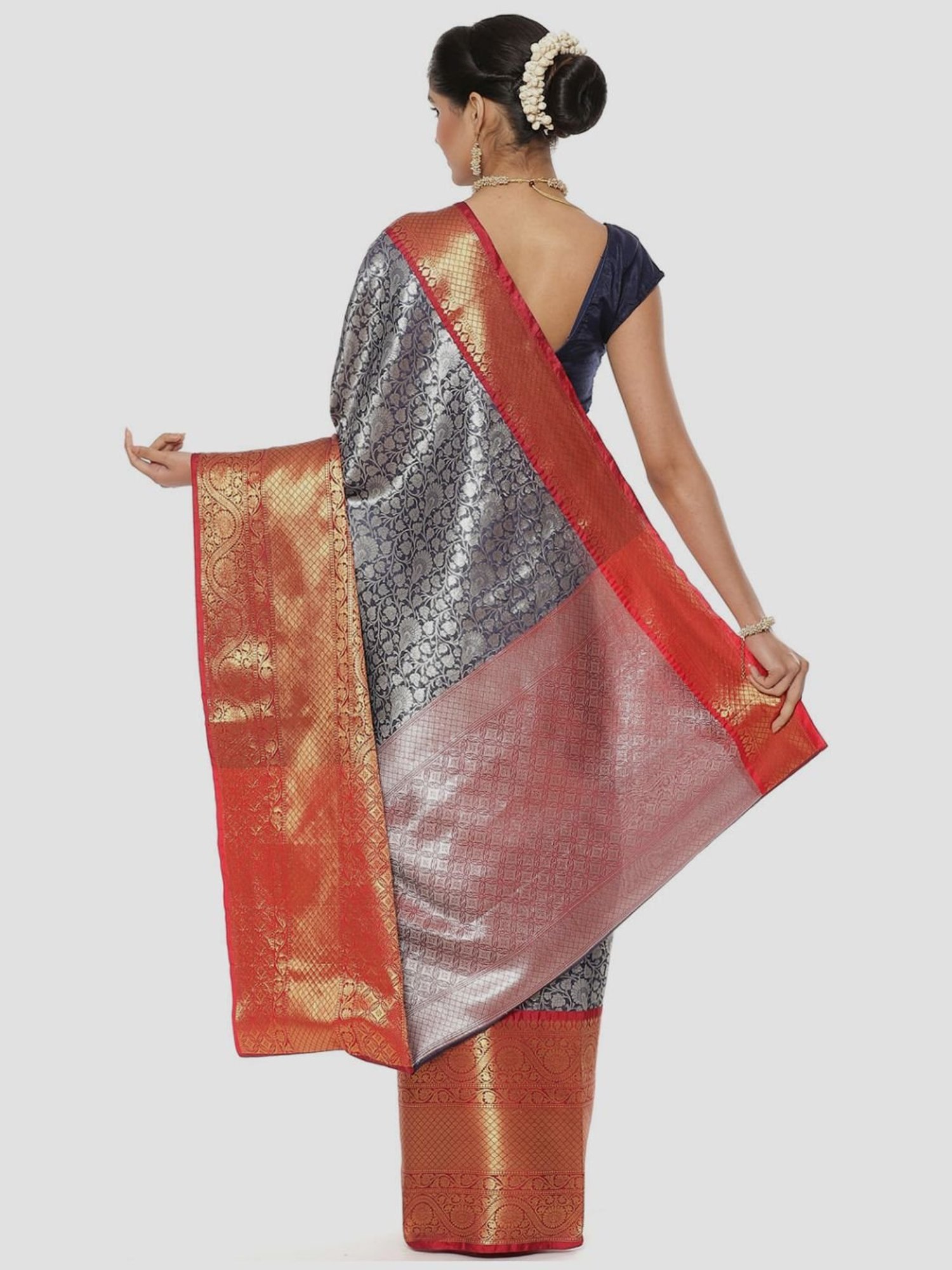 Banarasi Silk Works Navy Woven Saree With Unstitched Blouse