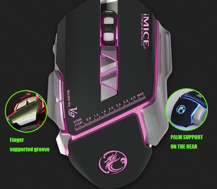 IMICE V9  Ergonomic Design, Cool Exterior 4-color Backlit 3200DPI Wired 7-Button Gaming Mouse Macro Custom - White