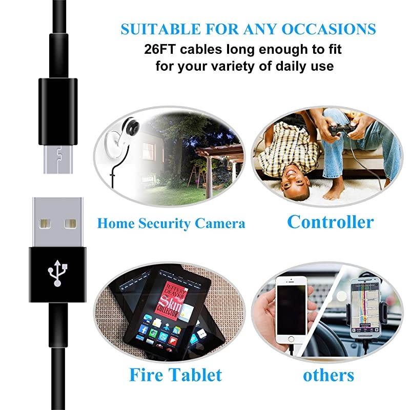 Pack 26FT Power Extension Cable for WyzeCam/PS4/Xbox One Controllers/YI Camera/Nest Cam Indoor/Oculus Go/Netvue and Security Camera, Durable Charging and Data Sync Cord&hellip;