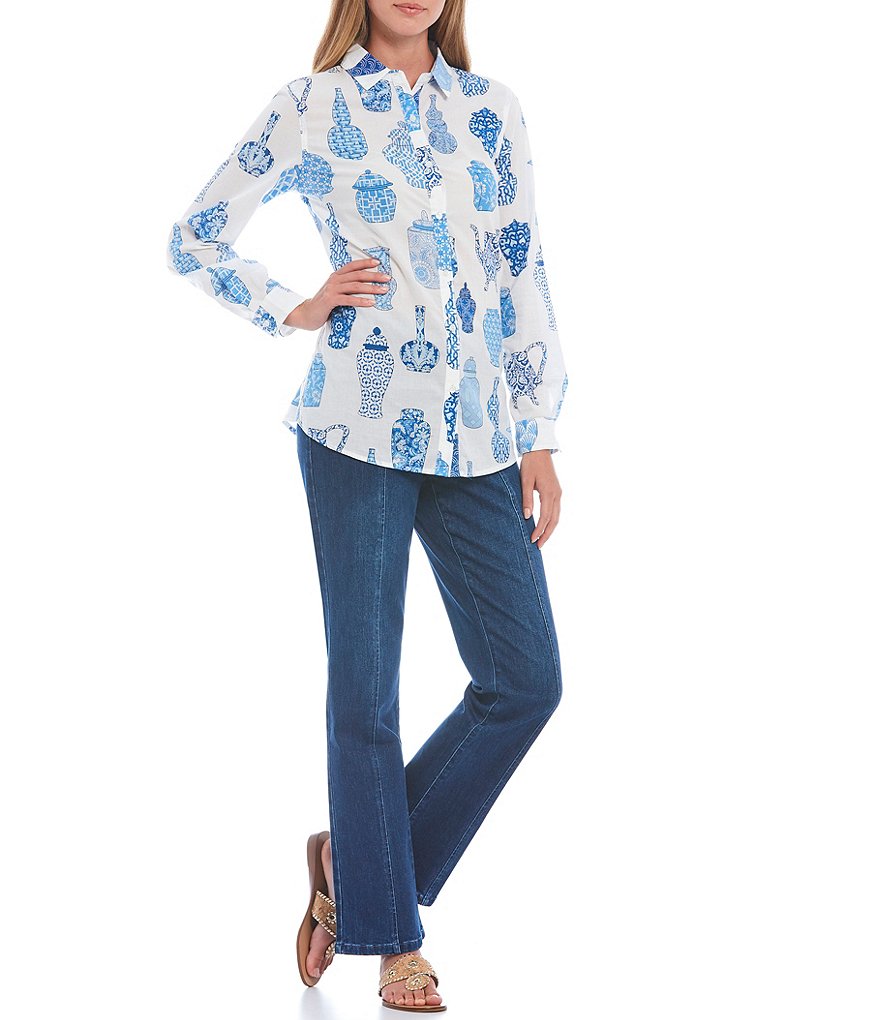 J.McLaughlin Lois Jar Print Cotton Voile Point Collar Long Sleeve Button Front Blouse