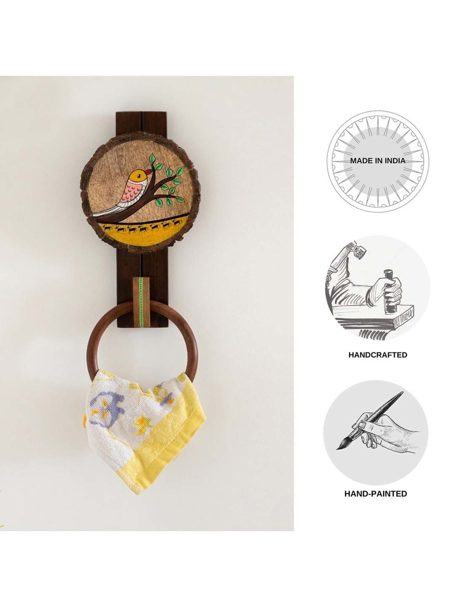 ExclusiveLane Singing Bird Dark Brown Mango Wood Hand Towel Ring Holder