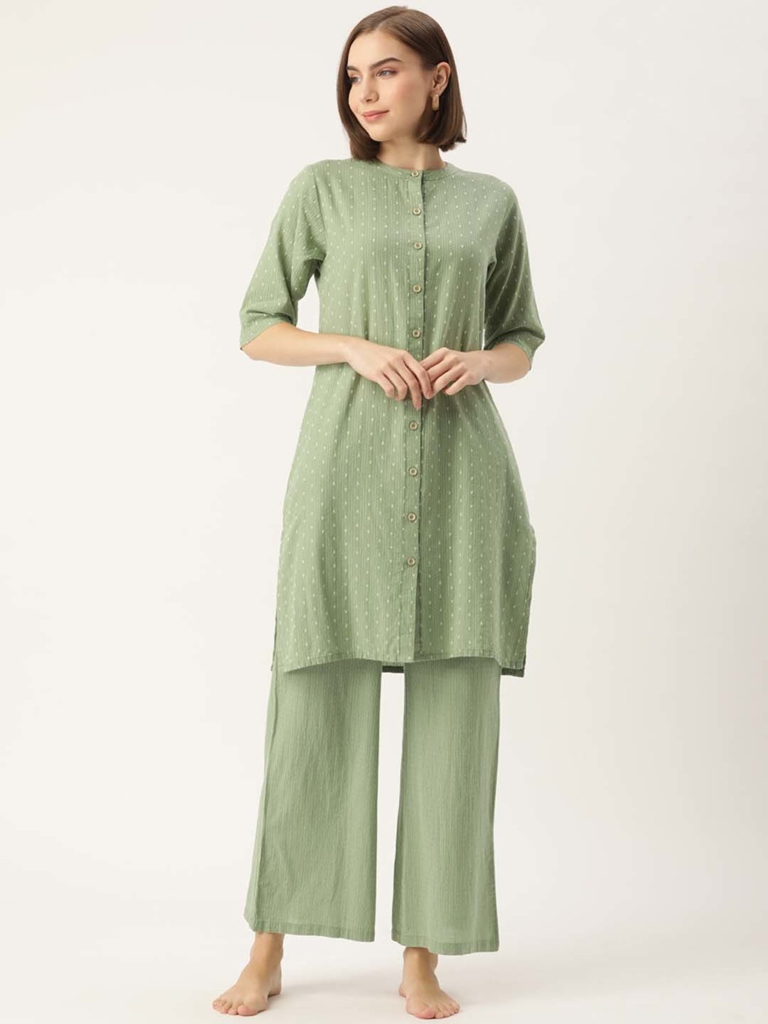 Clt.s Green Cotton Striped Kurti Palazzo Set