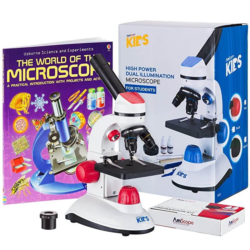 Kids 40X1000X Dual Illumination Microscope Red with Slide Prep Kit and Book
