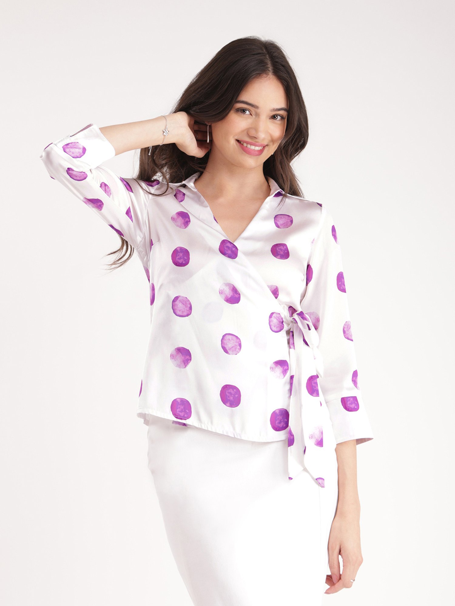 Fablestreet White & Purple Polka Dot Top