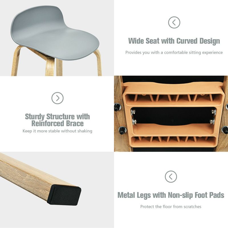 Costway Modern Set of 2 Barstools 30inch Pub Chairs w/Low Back & Metal Legs Grey