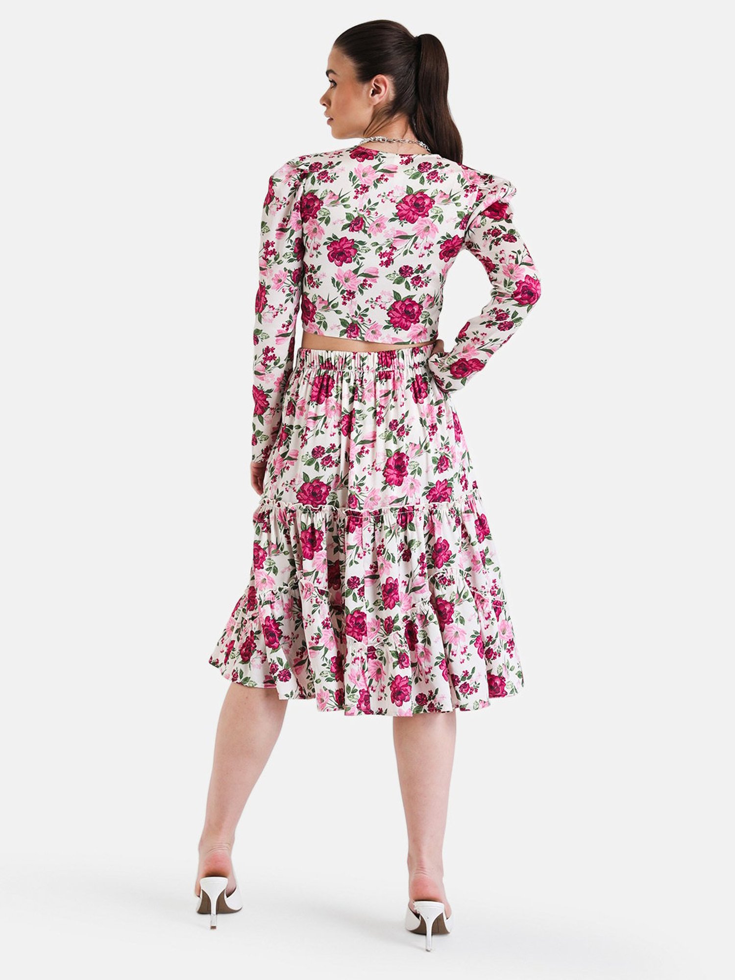 Kazo White & Pink Floral Print Midi Skirt