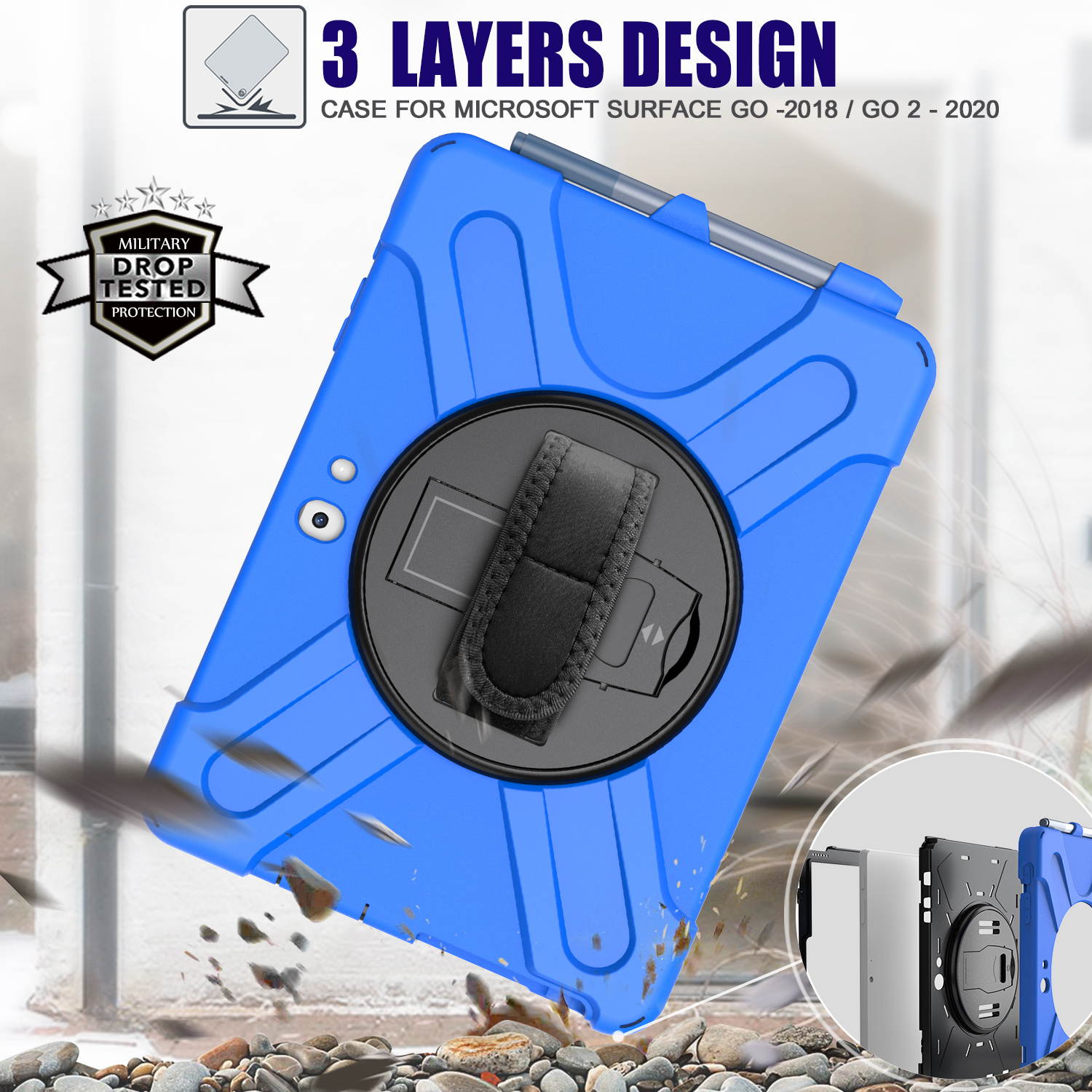 Case for Microsoft Surface Go 2 10.5 inch 2020 / Surface Go 10 inch 2018 with with Pen Holder, Hand Strap & Shoulder Strap Shockproof Protective Stand Cover