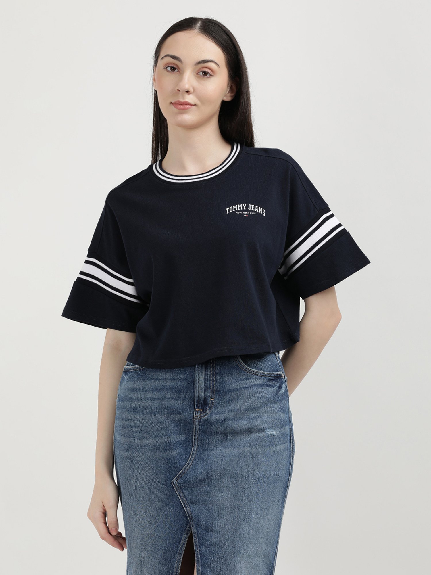 TOMMY HILFIGER Navy Embroidered Crop T-Shirt