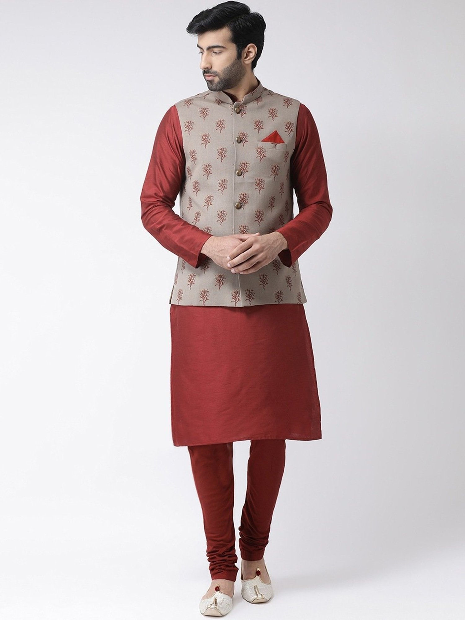 KISAH Maroon Regular Fit Printed Nehru Jacket