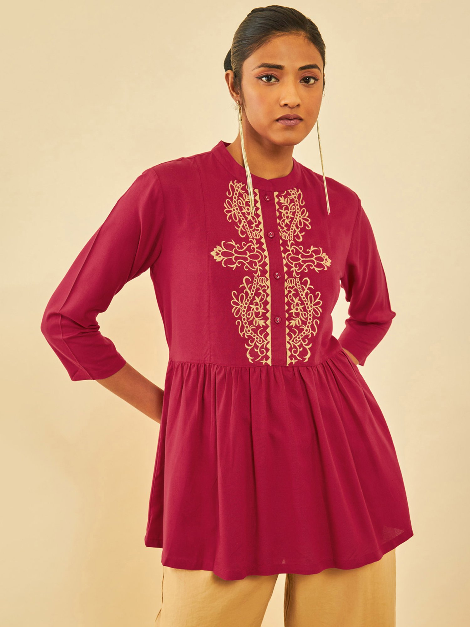 Soch Red Rayon Yoke Embroidery Tunic With Gathers