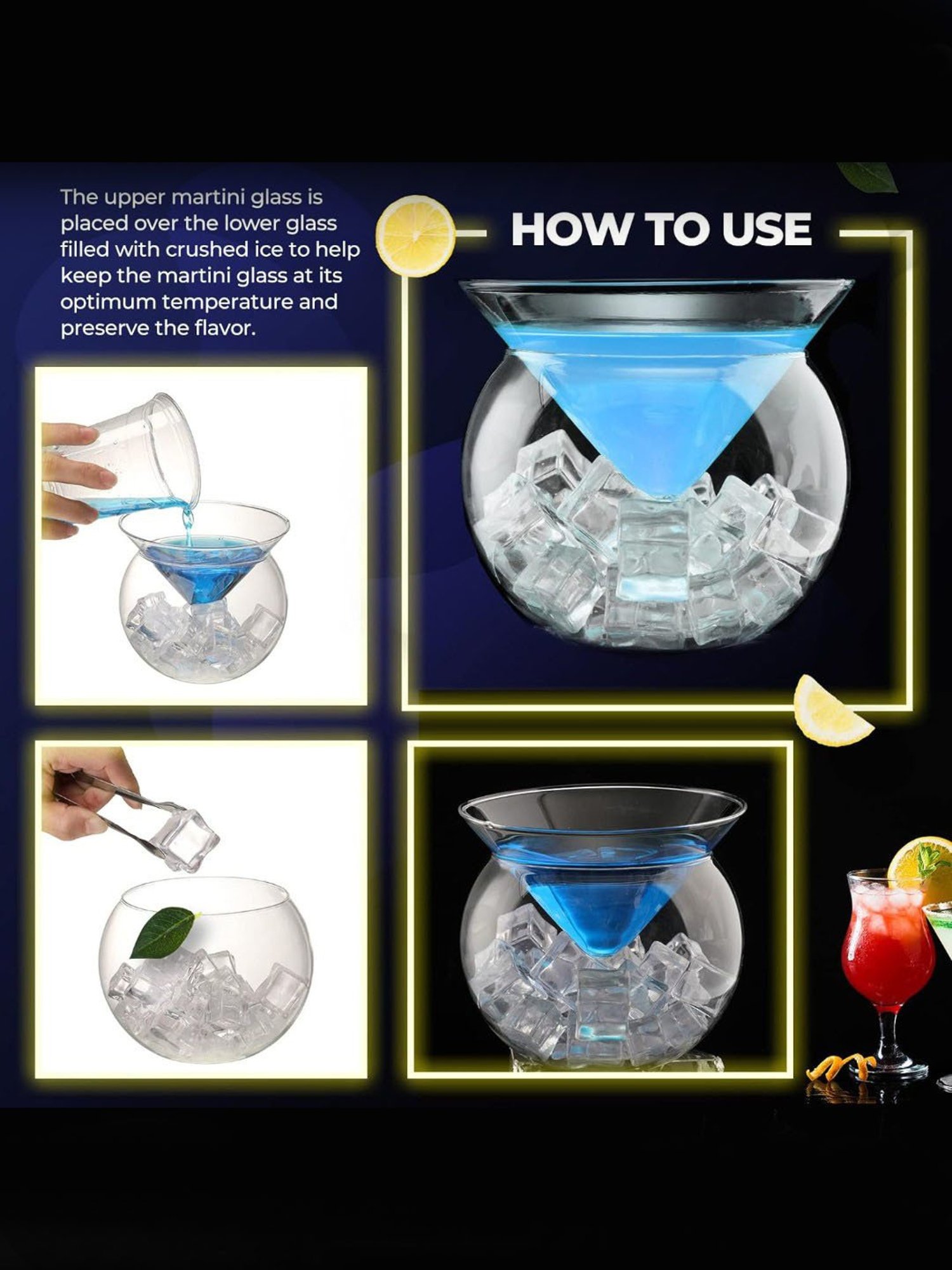 Melbify Chiller Transparent Cocktail Glass with Ice Holder Bowl 250ml - Set of 2