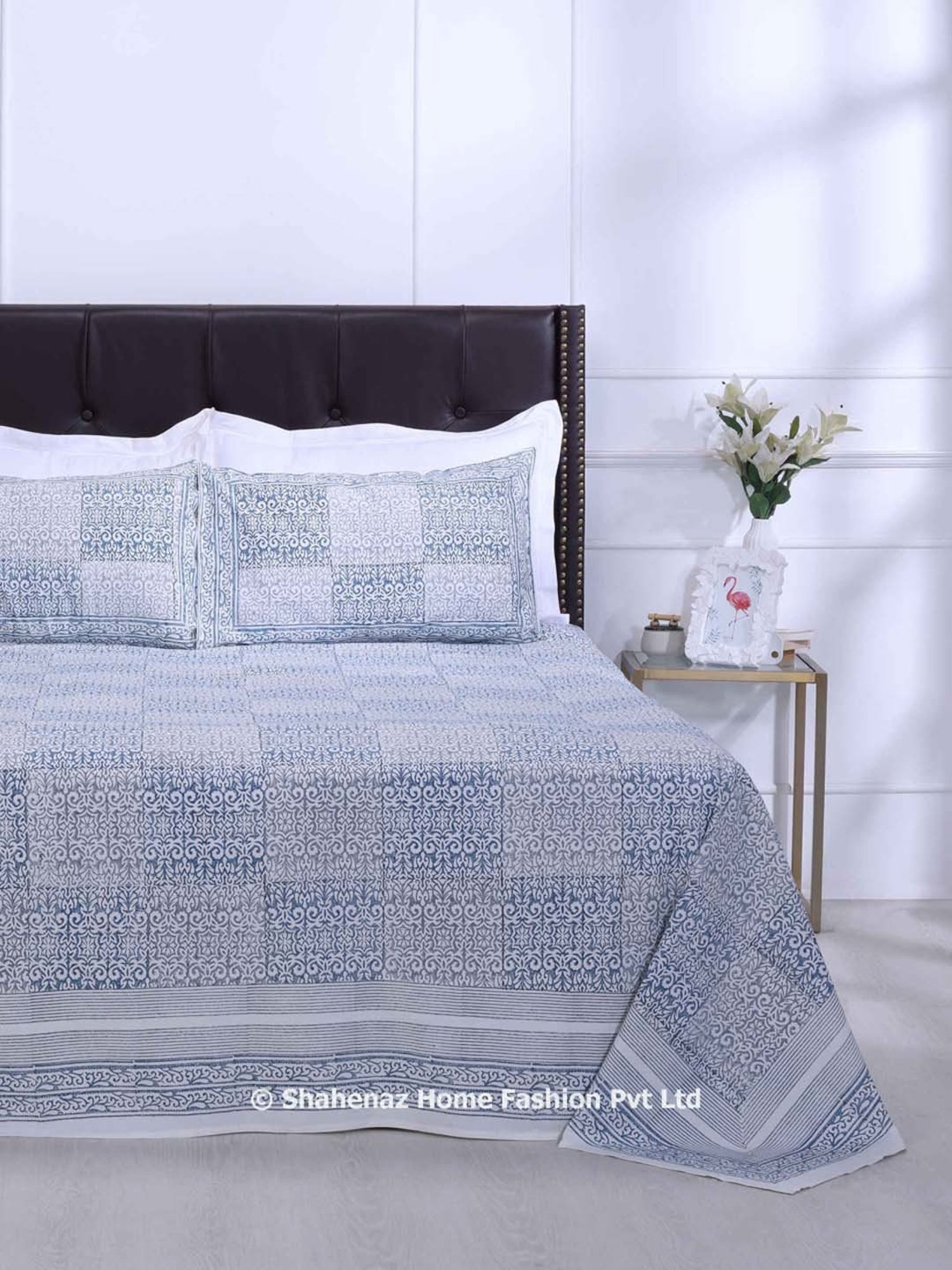 Shahenaz Blue & Grey 120 TC Cotton Parvati Double Bedsheet with 2 Pillow Covers