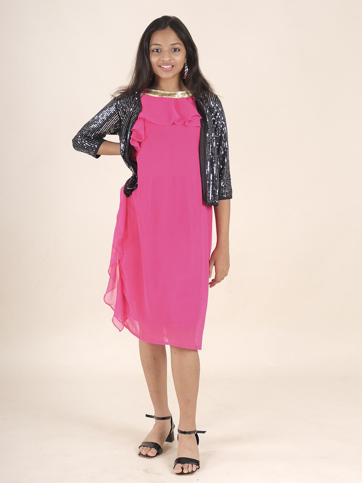 Kiddopanti Kids Georgette Halter Neck Ruffle Dress with Sequence Jacket