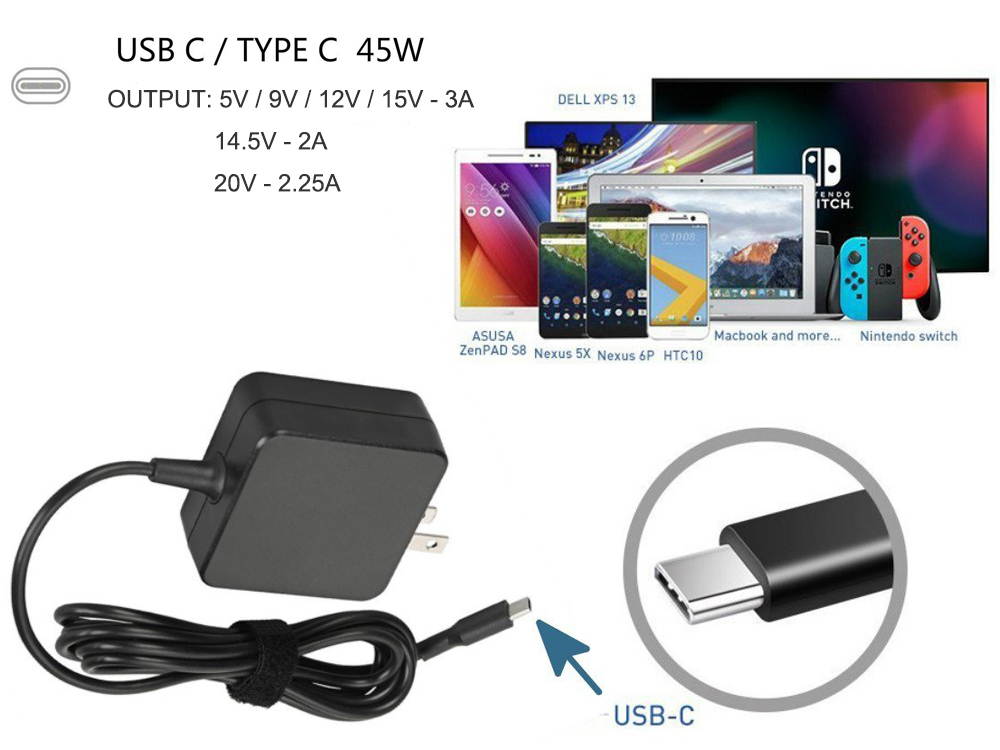 USB-C Type-C 45W AC Adapter for Lenovo Yoga 720 13", Yoga 910 910-13IKB 910-13 80VF002JUS, Miix 720, IdeaPad 720s GX20M33579 Travel Charger Laptop Power Supply